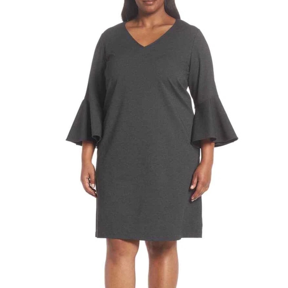 Lafayette 148 NY Marissa Bell Sleeve Shift Dress Gray Punto Milano Ponte Knit 1X
